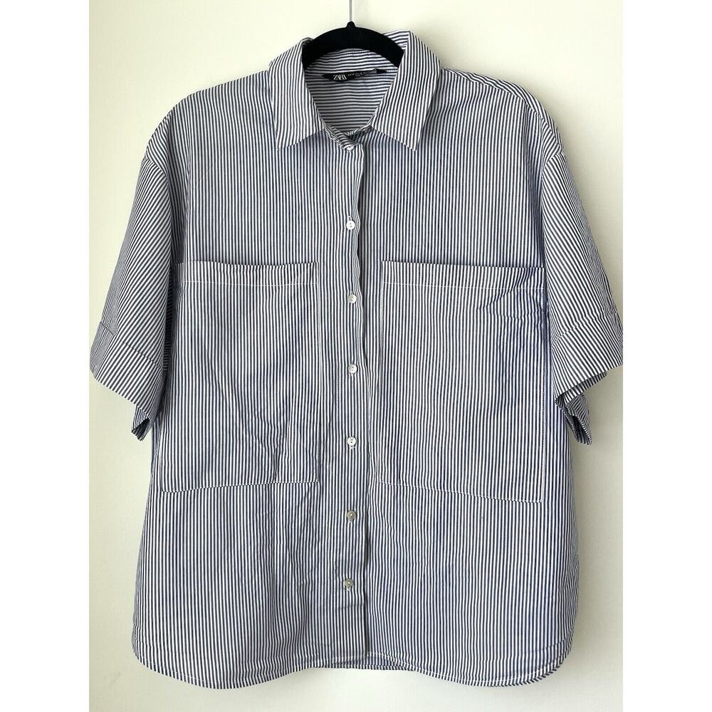 Zara Striped Button Down Short Sleeve Shirt With Pockets XS